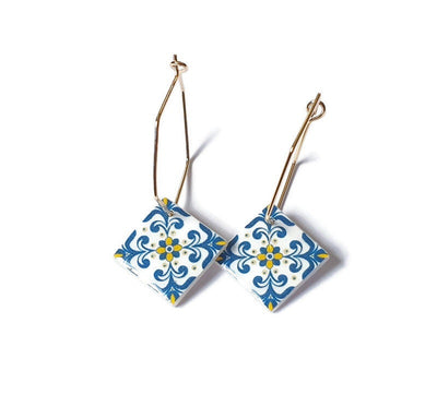 Portugal azulejo earrings Portuguese tiles Hexagon Hoops Square Geometric Earrings Majolica Blue Gold Tiles Antique Azulejo Earrings