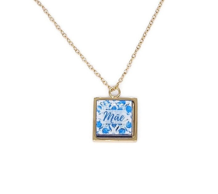 Custom Mãe Charm Tile Necklace Silver Gold Rose Gold Mom Necklace Portuguese Mom Gift Portugal Blue White Tile Azulejo Personalized Pendant