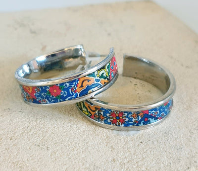 Mexican Silver Flat HOOP Tile Earring Talavera STEEL Azulejo Delicate Large Hoop Gift for her Spanish Mixed Tile Hoop Red Blue Green Tile