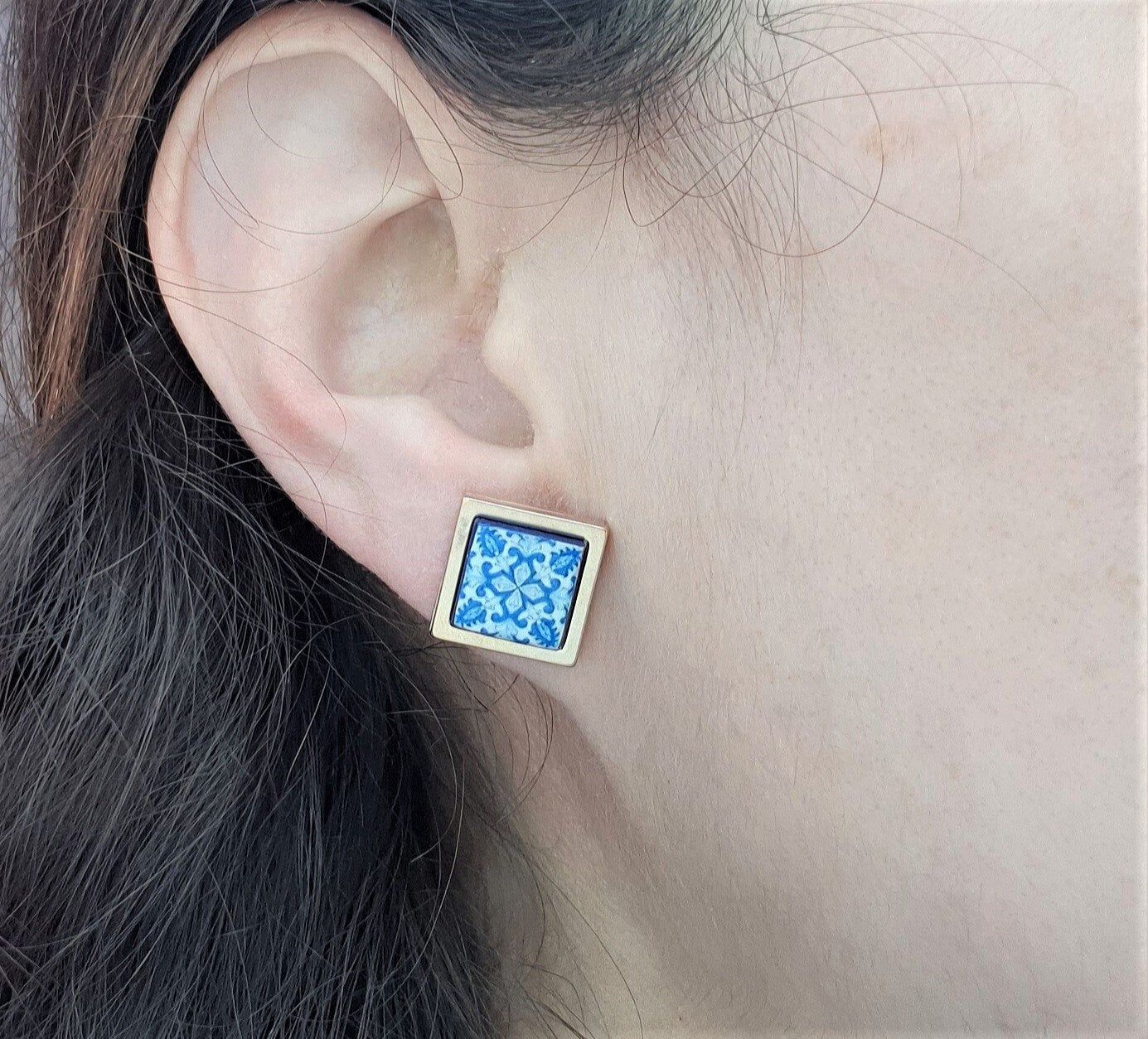 GOLD BLUE Tile Stud Earring Portugal Stainless STEEL Azulejo Minimalist Delicate Stud Earring Historical Jewelry Anniversary Gift for Her