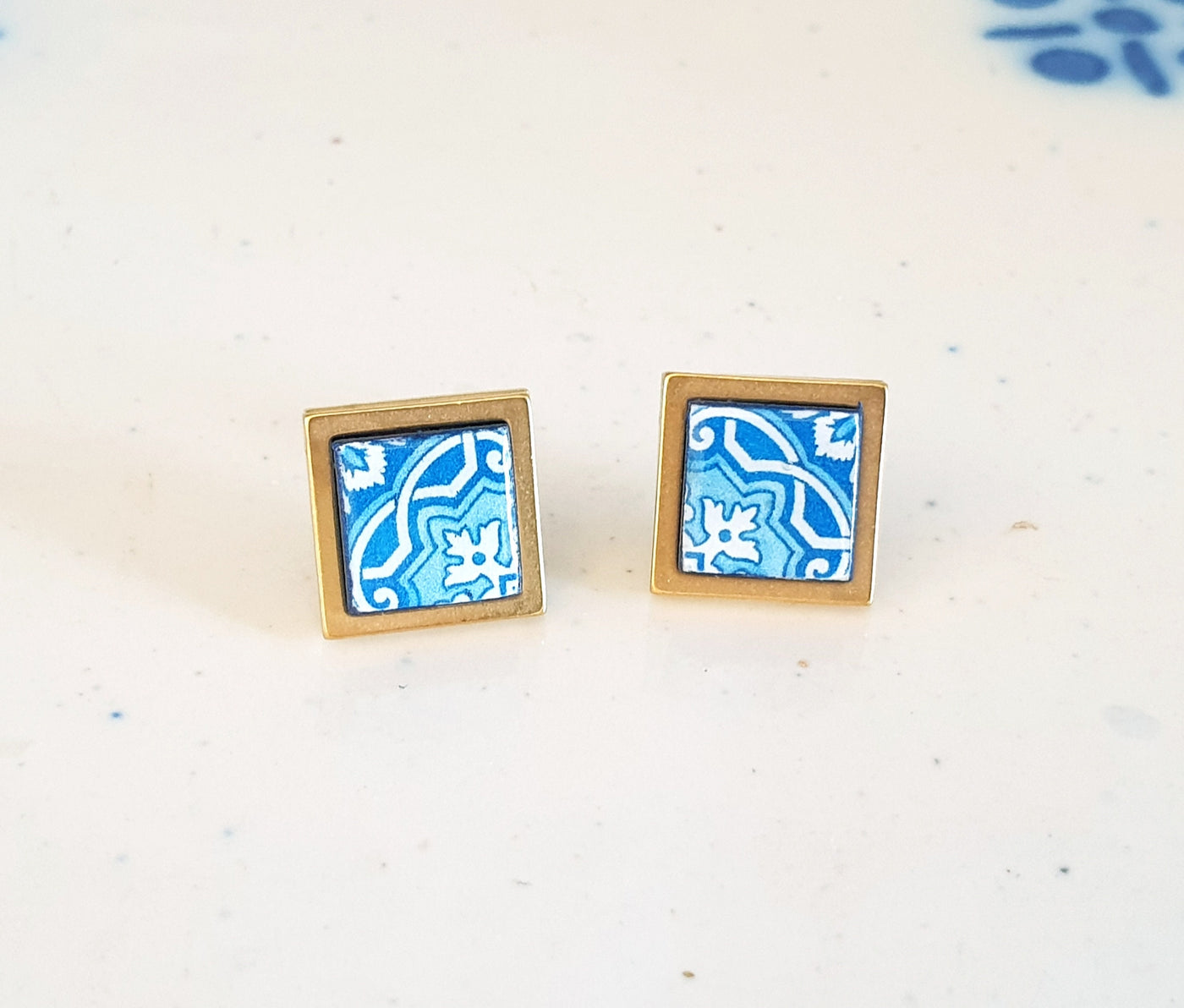 Blue Tile Earring Portugal SILVER STEEL Azulejo Minimalist Delicate GOLD Stud Earring Handmade Jewelry Anniversary Gift for Wife Sister Aunt