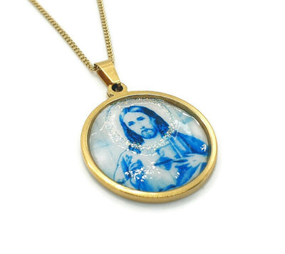Jesus Christ Blessing Necklace Portugal Azulejo Blue Tile Jesus Christ Jewelry Religious Gifts Christian Necklace Jesus Jewelry