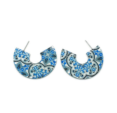 Blue LARGE HOOP Tile Earring Portugal Stainless STEEL Azulejo Silver Hoops Historical Jewelry Anniversary Women Gift Travel Portugal Hoop