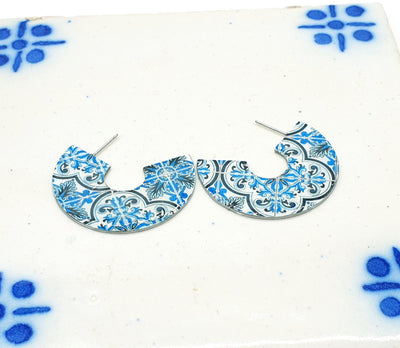 Blue LARGE HOOP Tile Earring Portugal Stainless STEEL Azulejo Silver Hoops Historical Jewelry Anniversary Women Gift Travel Portugal Hoop