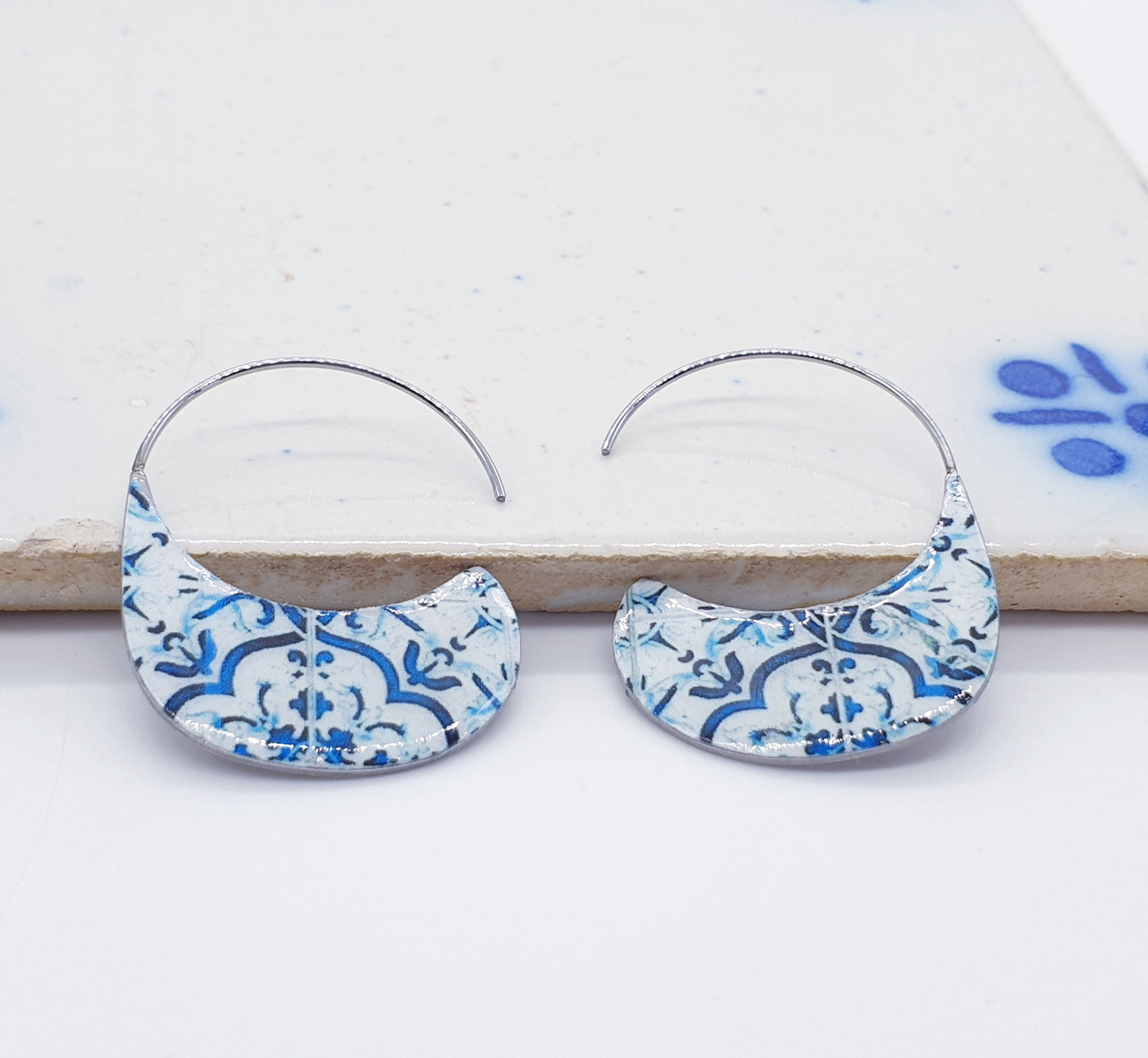 Blue Silver Open HOOP Earrings Portuguese Blue Tiles Azulejo Jewelry Coimbra Pottery STEEL Açores Hoops Historical Hand Crafted Earrings