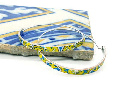 Silver HOOP Tile Earring Portugal STEEL Yellow Blue Azulejos Delicate Lightweight Silver Minimal Hoop Historical Jewelry Travel Tile Gift