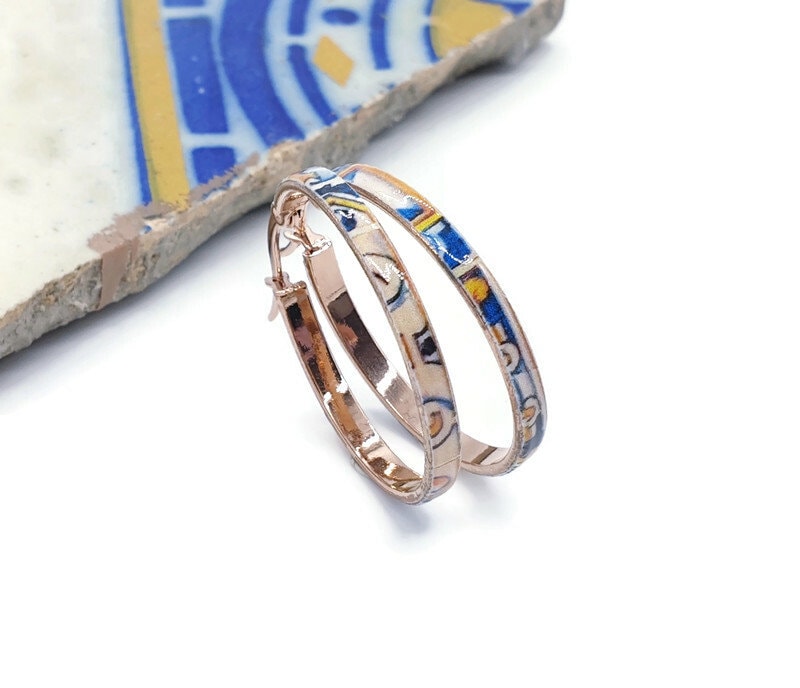 Rose Gold HOOP Tile Earring Portugal STAINLESS STEEL Azulejo Delicate Flat Hoop Historical Jewelry Portugal Gift Travel Inspired Tile Hoops