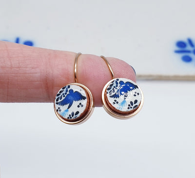 Mexican Blue Dove Tile Earrings Talavera Rose Gold STEEL Blue Drop Earrings Lightweight Rose Gold Hoops Soulmate Gift Spanish Tile Jewelry
