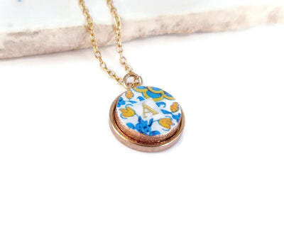 Initial Round Tile Necklace Silver Gold Rose Gold Custom Letter Charm Mothers Day Gift Personalized Pendant Portuguese Small Azulejo Tile