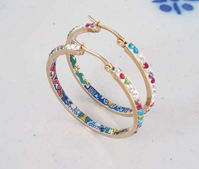 Rainbow Tiles HOOPS GOLD Steel Mexican Tile Earrings Sparkly CZ Pave Zircons Lightweight Gold Hoops Multicolored Fashion Hoops Handmade