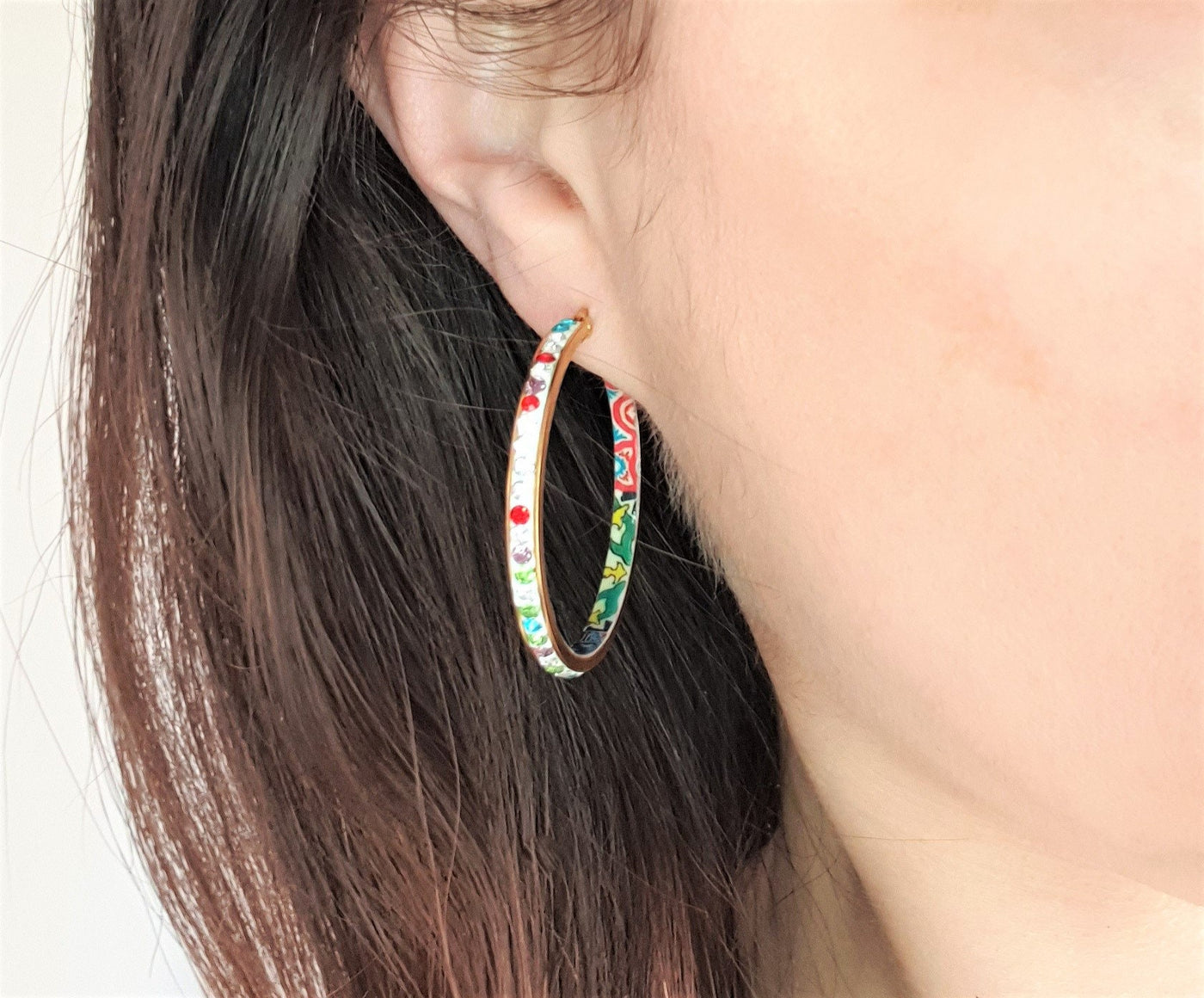 Rainbow Tiles HOOPS GOLD Steel Mexican Tile Earrings Sparkly CZ Pave Zircons Lightweight Gold Hoops Multicolored Fashion Hoops Handmade