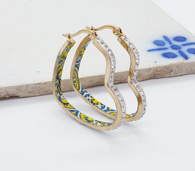 CZ Pave Heart HOOP Tile Earring Yellow Blue Portugal Azulejo Earring Light Gold STEEL Historical Jewelry Vacation Travel Gift Tile Souvenir