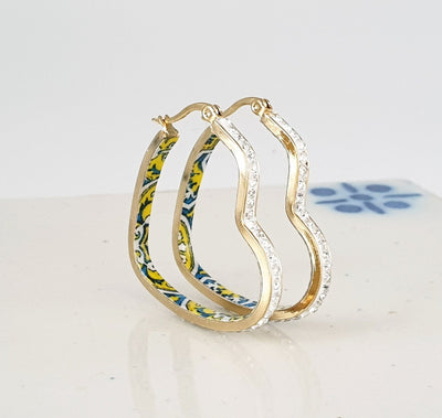 CZ Pave Heart HOOP Tile Earring Yellow Blue Portugal Azulejo Earring Light Gold STEEL Historical Jewelry Vacation Travel Gift Tile Souvenir