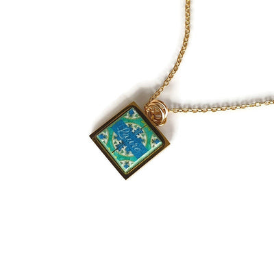 Custom Name Green Tile Necklace Silver Gold Rose Gold Custom Charm Necklace Personalized Bridesmaid Pendant Portuguese Small Azulejo Tile