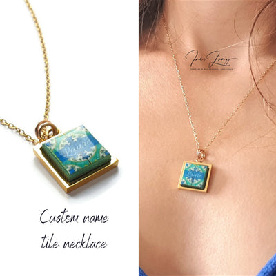 Custom Name Green Tile Necklace Silver Gold Rose Gold Custom Charm Necklace Personalized Bridesmaid Pendant Portuguese Small Azulejo Tile