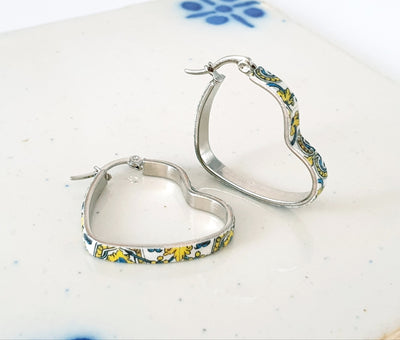 Heart HOOP Tile Earring Portugal Silver STEEL Azulejo Handmade Flat Yellow Blue Hoop Historical Hoops Anniversary Jewelry Travel Tile Gift