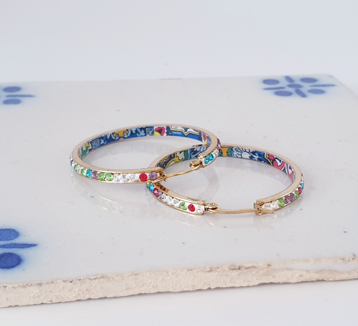 Rainbow Tiles HOOPS GOLD Steel Mexican Tile Earrings Sparkly CZ Pave Zircons Lightweight Gold Hoops Multicolored Fashion Hoops Handmade