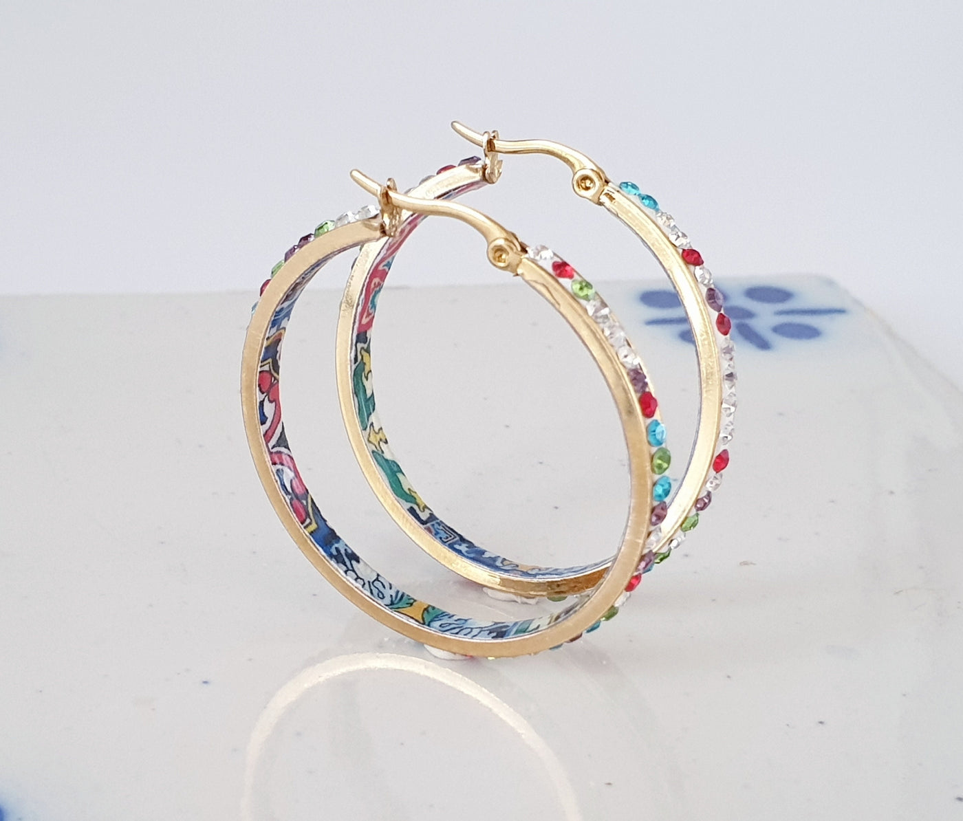 Rainbow Tiles HOOPS GOLD Steel Mexican Tile Earrings Sparkly CZ Pave Zircons Lightweight Gold Hoops Multicolored Fashion Hoops Handmade