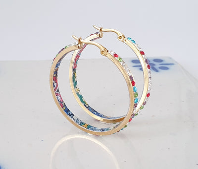 Rainbow Tiles HOOPS GOLD Steel Mexican Tile Earrings Sparkly CZ Pave Zircons Lightweight Gold Hoops Multicolored Fashion Hoops Handmade