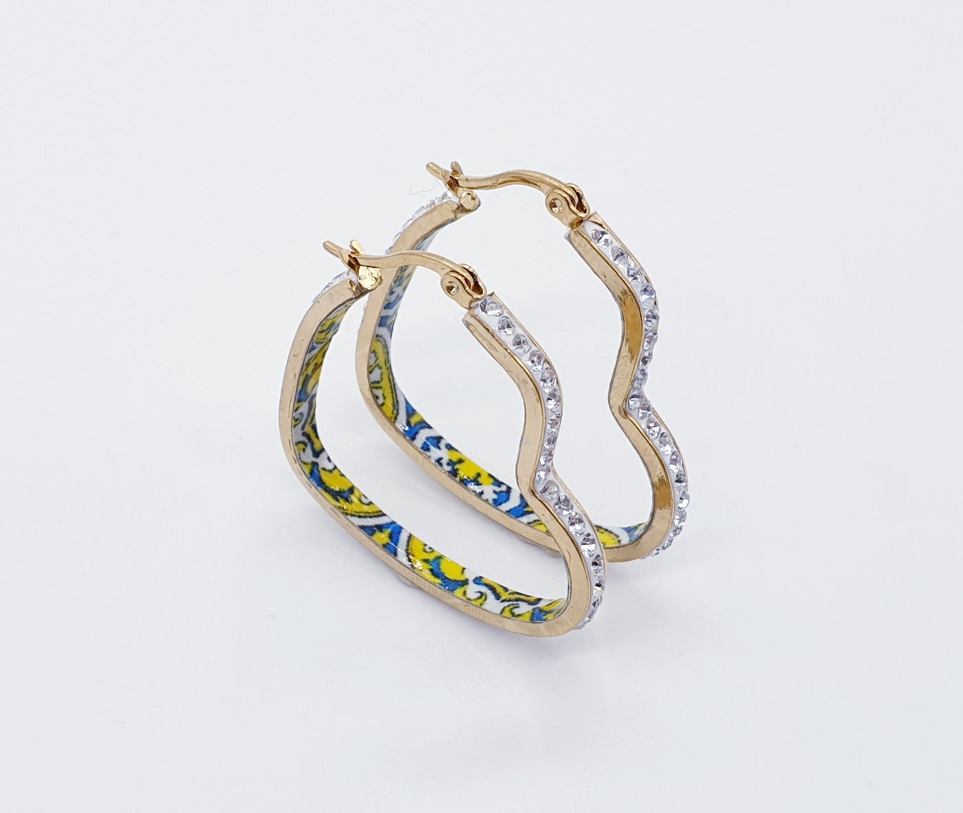 CZ Pave Heart HOOP Tile Earring Yellow Blue Portugal Azulejo Earring Light Gold STEEL Historical Jewelry Vacation Travel Gift Tile Souvenir