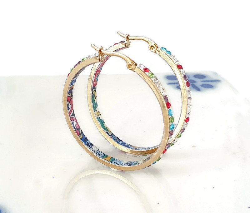 Rainbow Tiles HOOPS GOLD Steel Mexican Tile Earrings Sparkly CZ Pave Zircons Lightweight Gold Hoops Multicolored Fashion Hoops Handmade