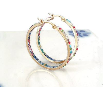 Rainbow Tiles HOOPS GOLD Steel Mexican Tile Earrings Sparkly CZ Pave Zircons Lightweight Gold Hoops Multicolored Fashion Hoops Handmade
