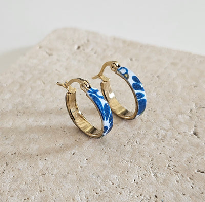 Small Gold HOOP Tile Earrings STEEL Blue Mexican Flower Tiles Delicate Flat Hoops Women Gift Historical Jewelry Anniversary Gift
