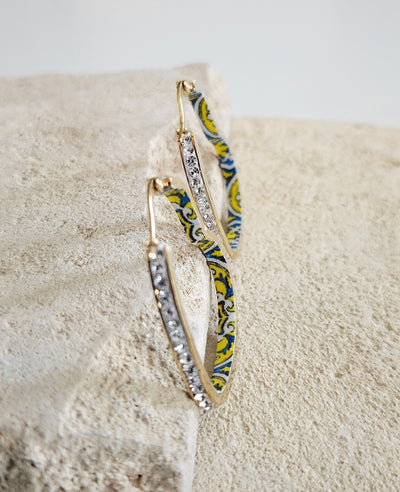 CZ Pave Heart HOOP Tile Earring Yellow Blue Portugal Azulejo Earring Light Gold STEEL Historical Jewelry Vacation Travel Gift Tile Souvenir