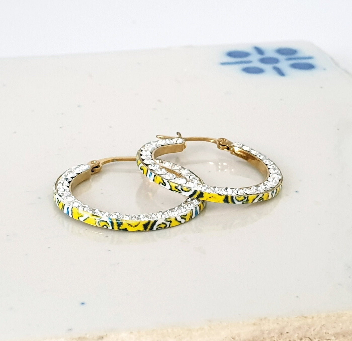 CZ Pave HOOP Tile Earrings Yellow Blue Portugal Azulejo Earrings Lightweight Gold STEEL Hoops Historical Jewelry Anniversary Women Gift Tile