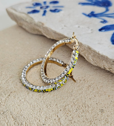 CZ Pave HOOP Tile Earrings Yellow Blue Portugal Azulejo Earrings Lightweight Gold STEEL Hoops Historical Jewelry Anniversary Women Gift Tile
