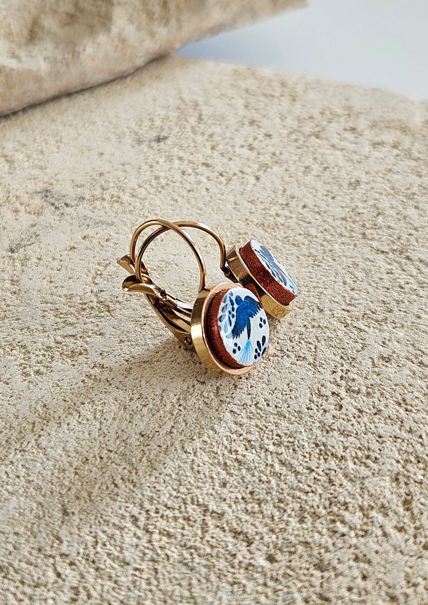 Mexican Blue Dove Tile Earrings Talavera Rose Gold STEEL Blue Drop Earrings Lightweight Rose Gold Hoops Soulmate Gift Spanish Tile Jewelry