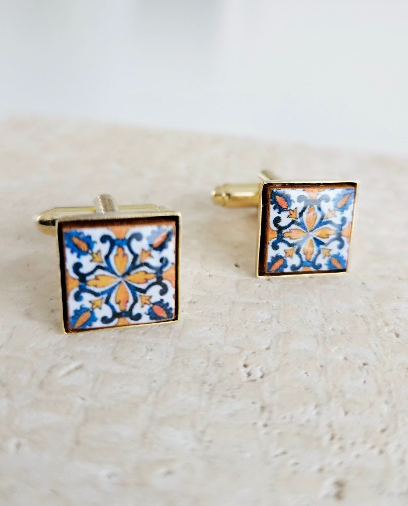 Portugal Classical Tile Cufflinks Majolica Tile Men Cufflinks Blue Orange Tile Groom Cufflinks Gift Wedding Square Cufflinks Groom Father
