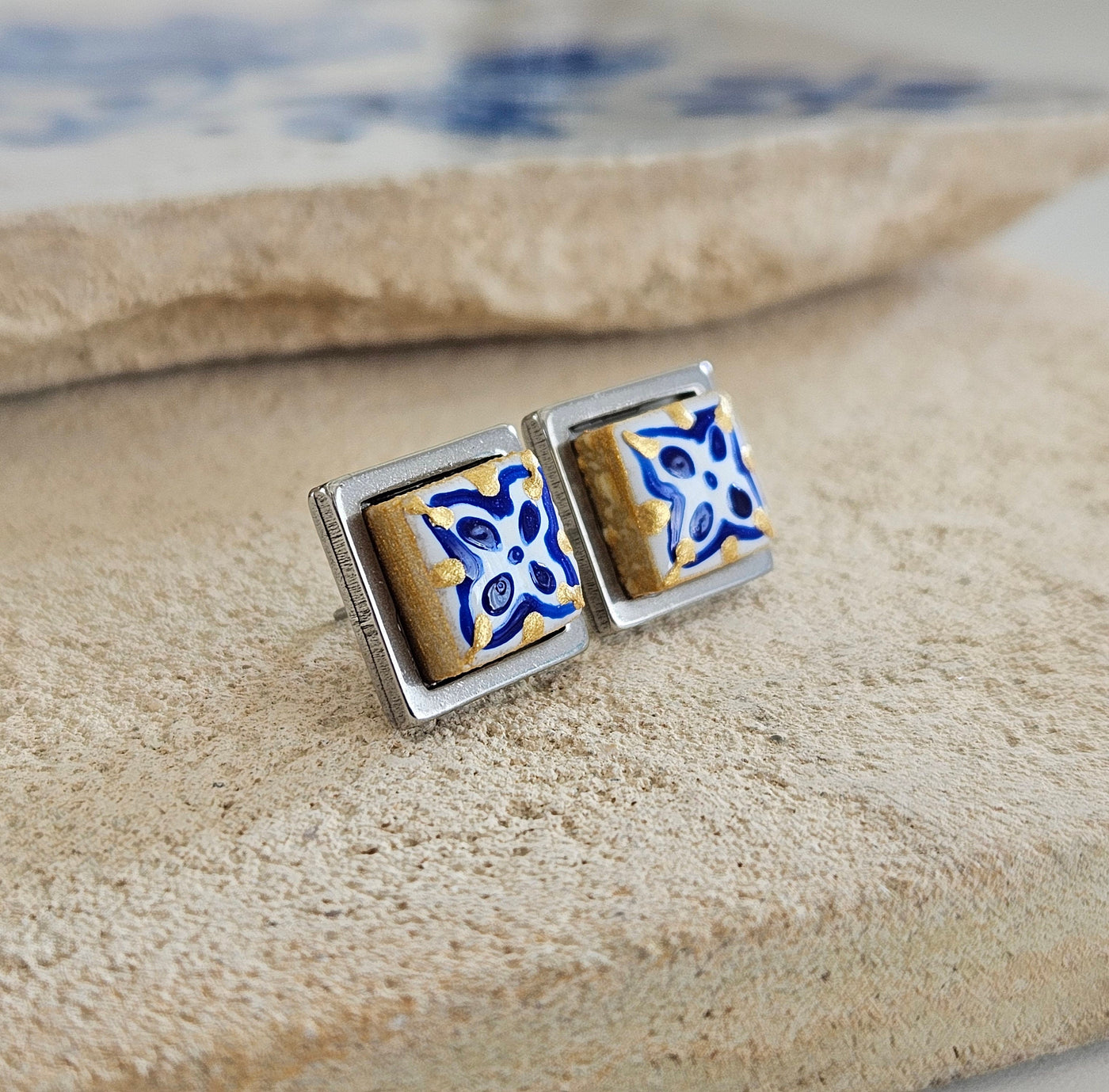 Hand Painted Ceramic Tile Earrings Portuguese Blue Gold Azulejo Earrings Square Natural Stone Stud Earrings Stainless Steel Porcelain Studs