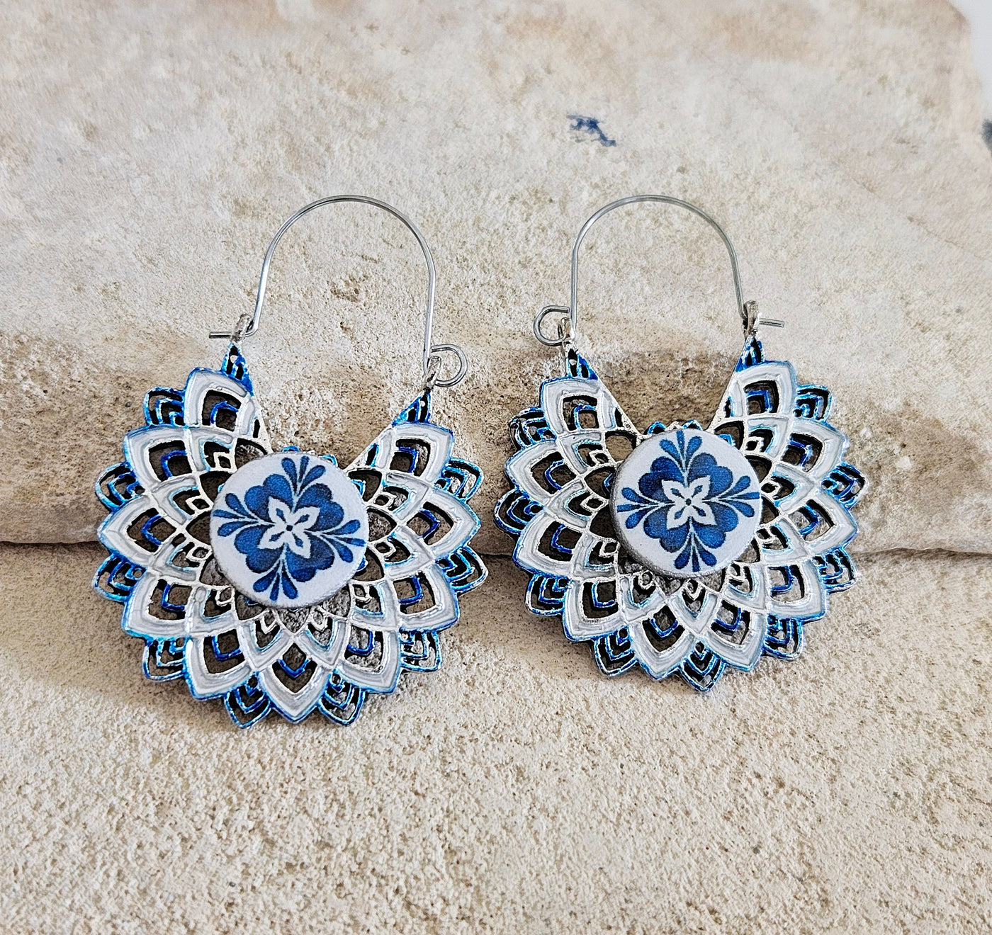 Portugal Blue Hoop Earrings Flower Statement Hoops Tribal Ethnic Earrings Silver Blue Tiles Hoop Large Earrings Bohemian Blue Women Hoop