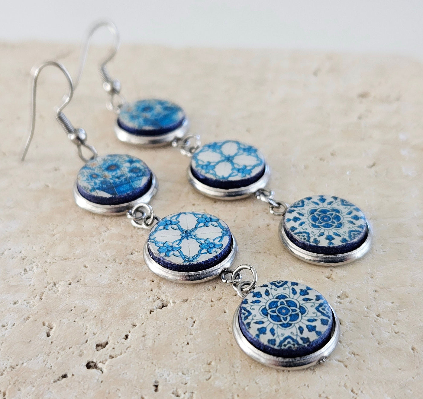 Portuguese Tiles Round STEEL Drop Earrings Blue White Earring Delft White Blue Jewelry XVIII Century Round Mixed Tile Earrings Mismatched