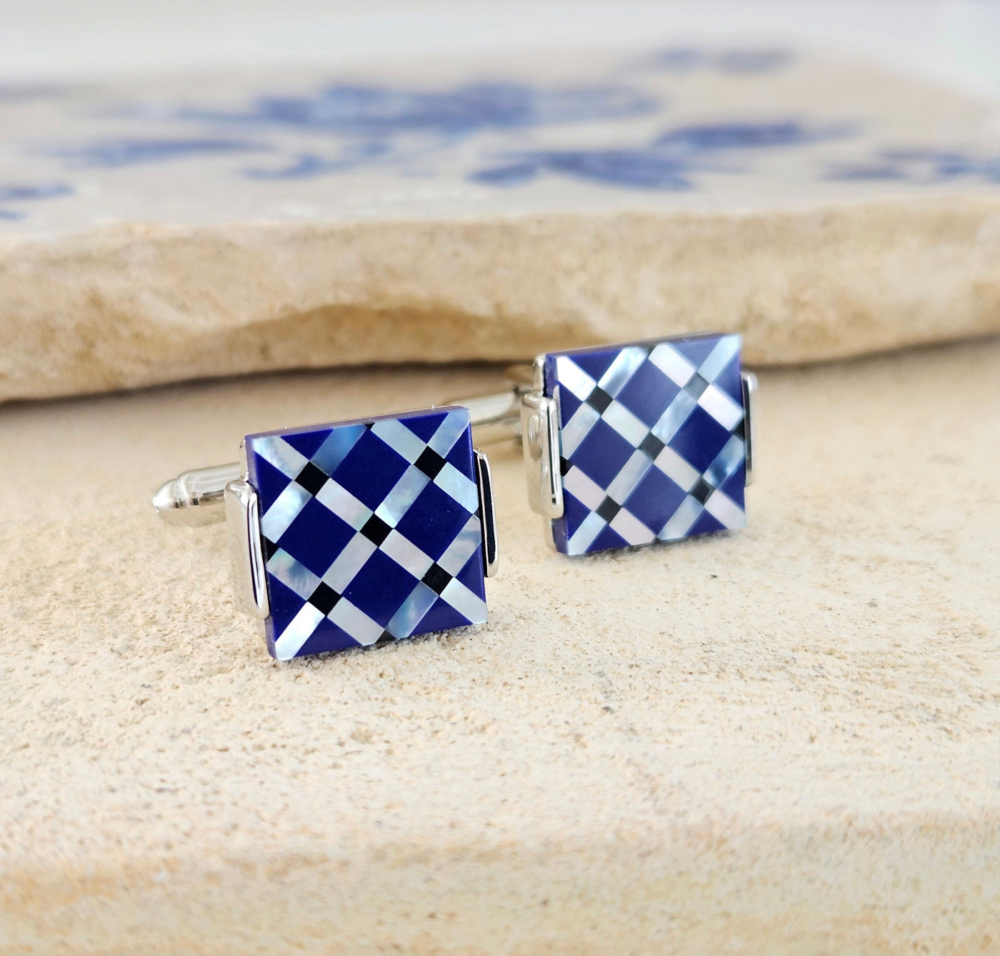 Blue Onyx Mother Pearl Tile Cufflink Luxury Portuguese Tiles Cufflinks Business Executive Gift Corporate Dad Cufflink Natural Stone Cufflink