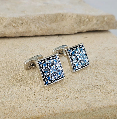 Portugal Blue Azulejo Wedding Groom STEEL Cufflink Enamel Portuguese Tile Blue Suit Cufflinks Wedding Silver Gift Father Corporate Box Gift