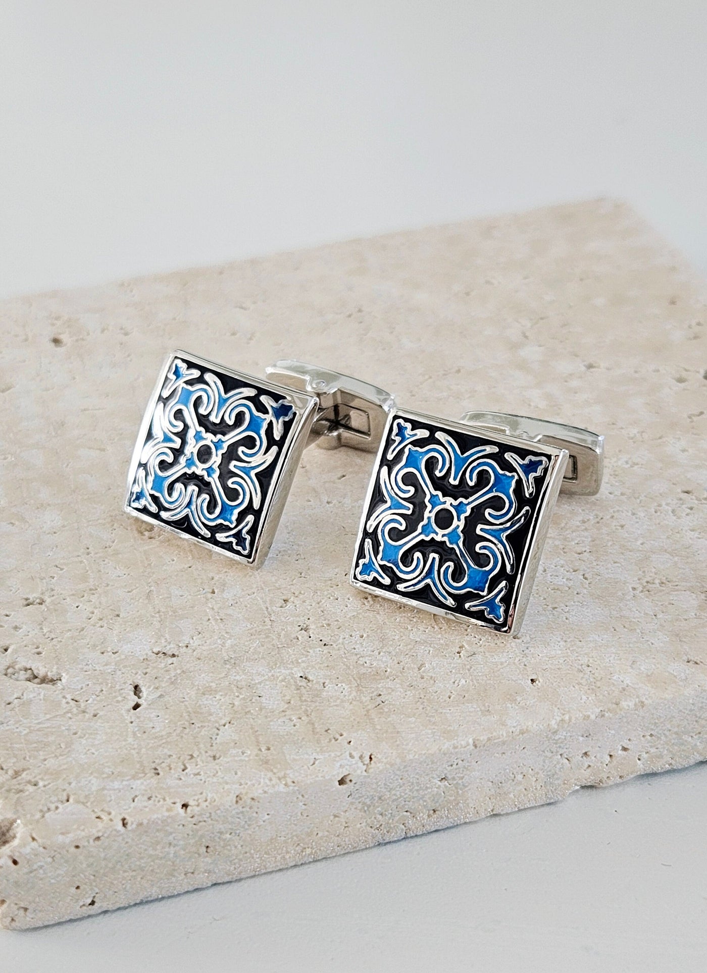 Portugal Blue Azulejo Wedding Groom STEEL Cufflink Enamel Portuguese Tile Blue Suit Cufflinks Wedding Silver Gift Father Corporate Box Gift