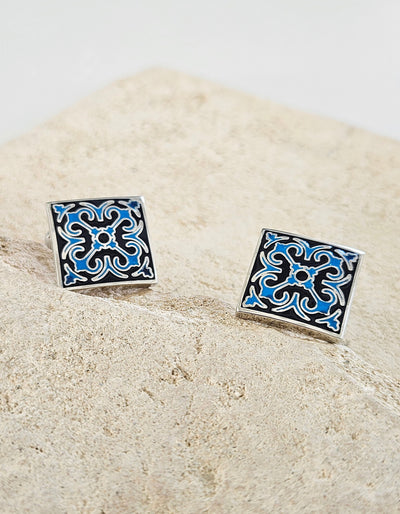 Portugal Blue Azulejo Wedding Groom STEEL Cufflink Enamel Portuguese Tile Blue Suit Cufflinks Wedding Silver Gift Father Corporate Box Gift