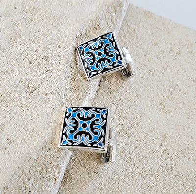 Portugal Blue Azulejo Wedding Groom STEEL Cufflink Enamel Portuguese Tile Blue Suit Cufflinks Wedding Silver Gift Father Corporate Box Gift