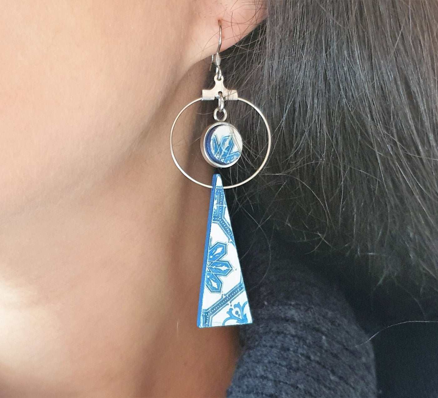 Long Triangle Geometric Tile Earrings Portuguese Lightweight Blue Tile Drop Earrings Portugal Azulejos Jewelry Stainless Steel Hoop Earrings