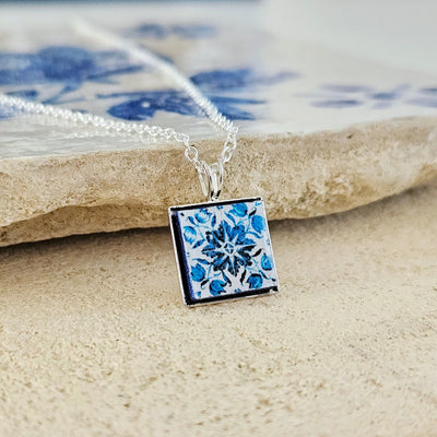 Porto Small Tile Pendant Portuguese Blue White Tile Necklace Azulejo Pendant Porto Travel Gift Blue Necklace Geometric Minimal Square Tile