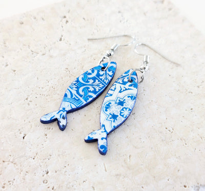 Portuguese Tile Blue Sardine Earrings Mismatched Tile Fish Earring Antique Azulejo Blue Earring White Blue Sardine Tile Fish Drop Earring
