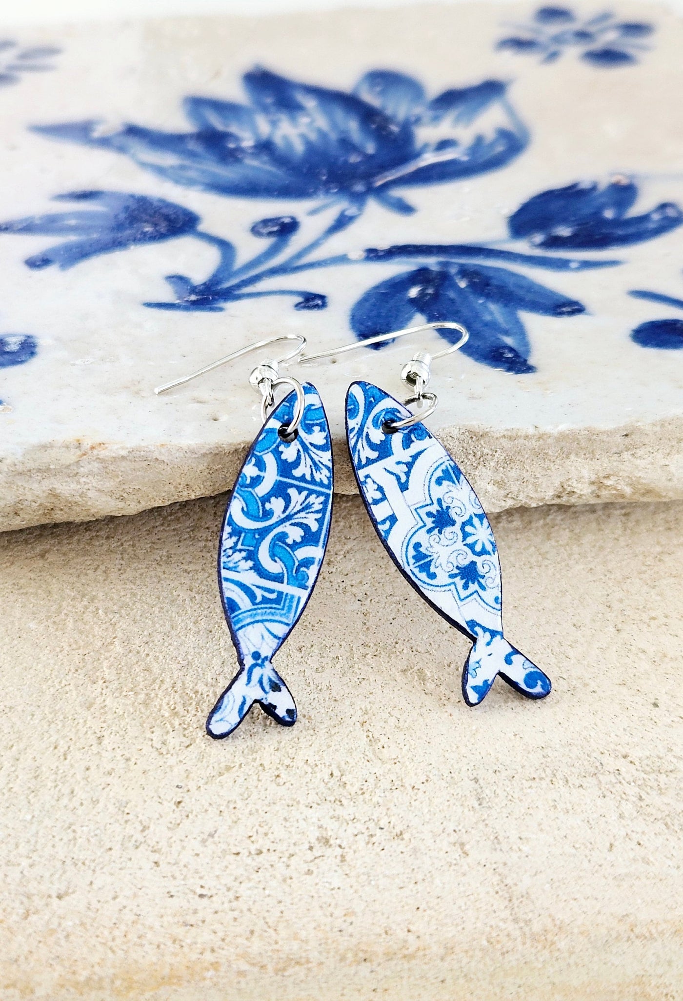 Portuguese Tile Blue Sardine Earrings Mismatched Tile Fish Earring Antique Azulejo Blue Earring White Blue Sardine Tile Fish Drop Earring