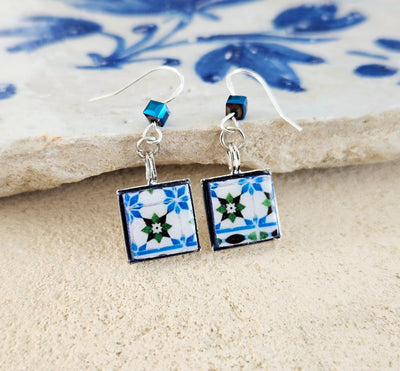 Portuguese Blue Green Tile Earring Portugal Azulejos Small Square Drop Earrings Tile Mediterranean Earrings Tile Blue Hematite Natural Stone