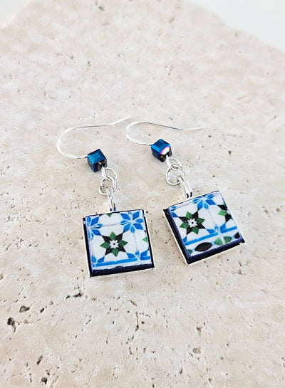 Portuguese Blue Green Tile Earring Portugal Azulejos Small Square Drop Earrings Tile Mediterranean Earrings Tile Blue Hematite Natural Stone