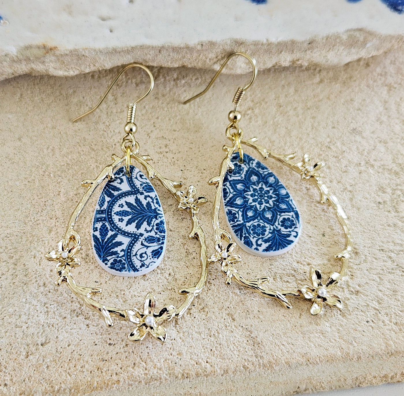 Portugal Blue Tile Gold Teardrop Earring Portuguese Jewelry Mother Pearl Earring Azulejo Pattern Historical Jewelry Blue Tile Gold Teardrop