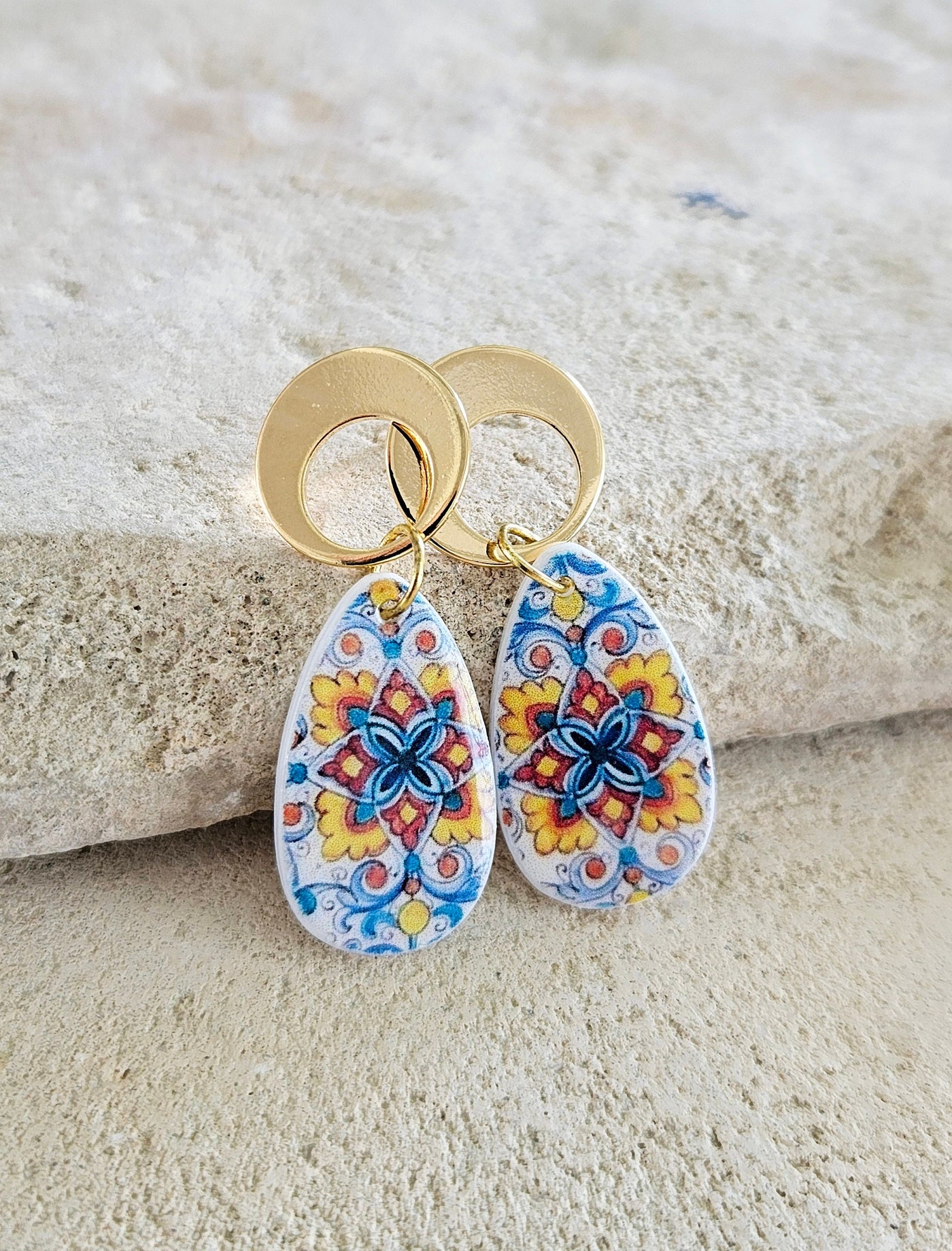 Mexican Mother Pearl Tile Teardrop Stud Earrings Fiesta Colorful Earring Talavera Mexico Tile Jewelry Summer Spanish Tile Shell Drop Earring