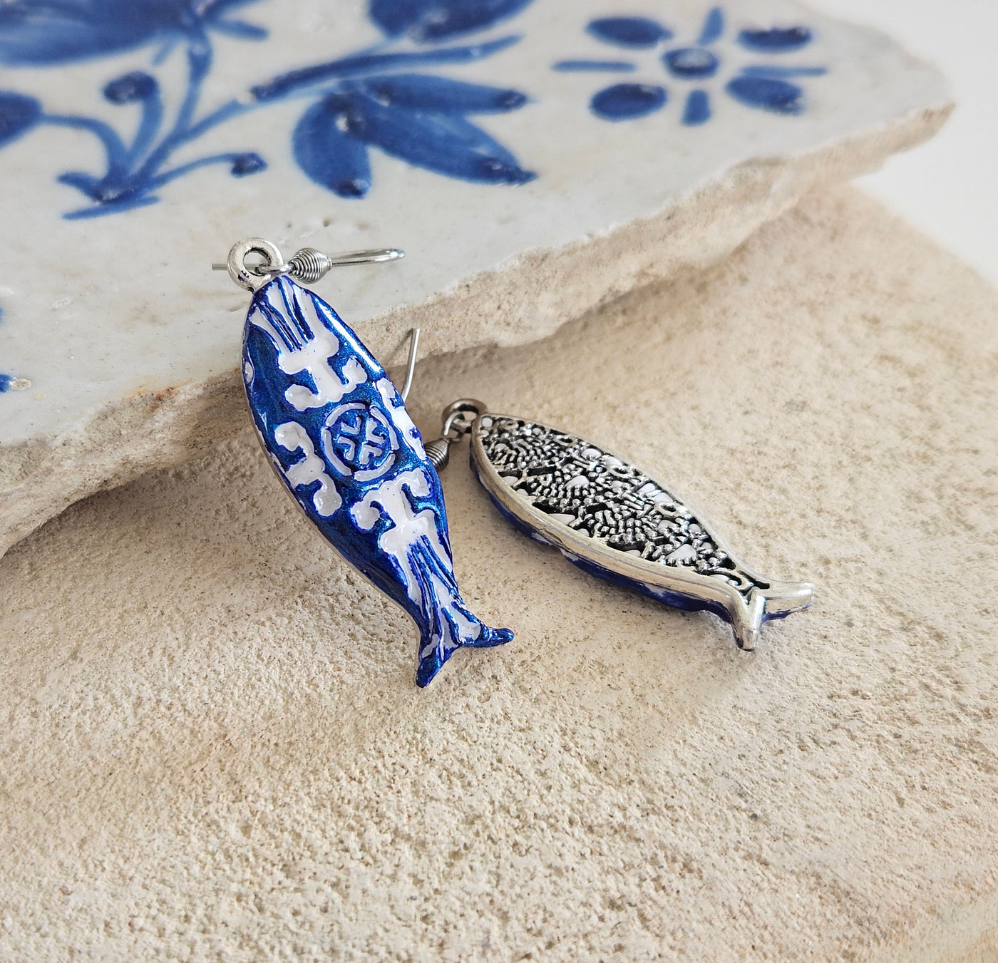 Portugal Sardine Earrings Blue Azulejo Dangle Tile Earrings Portuguese Tiles Jewelry Blue Gold Fish Earrings Clay Embossed Tile Earrings