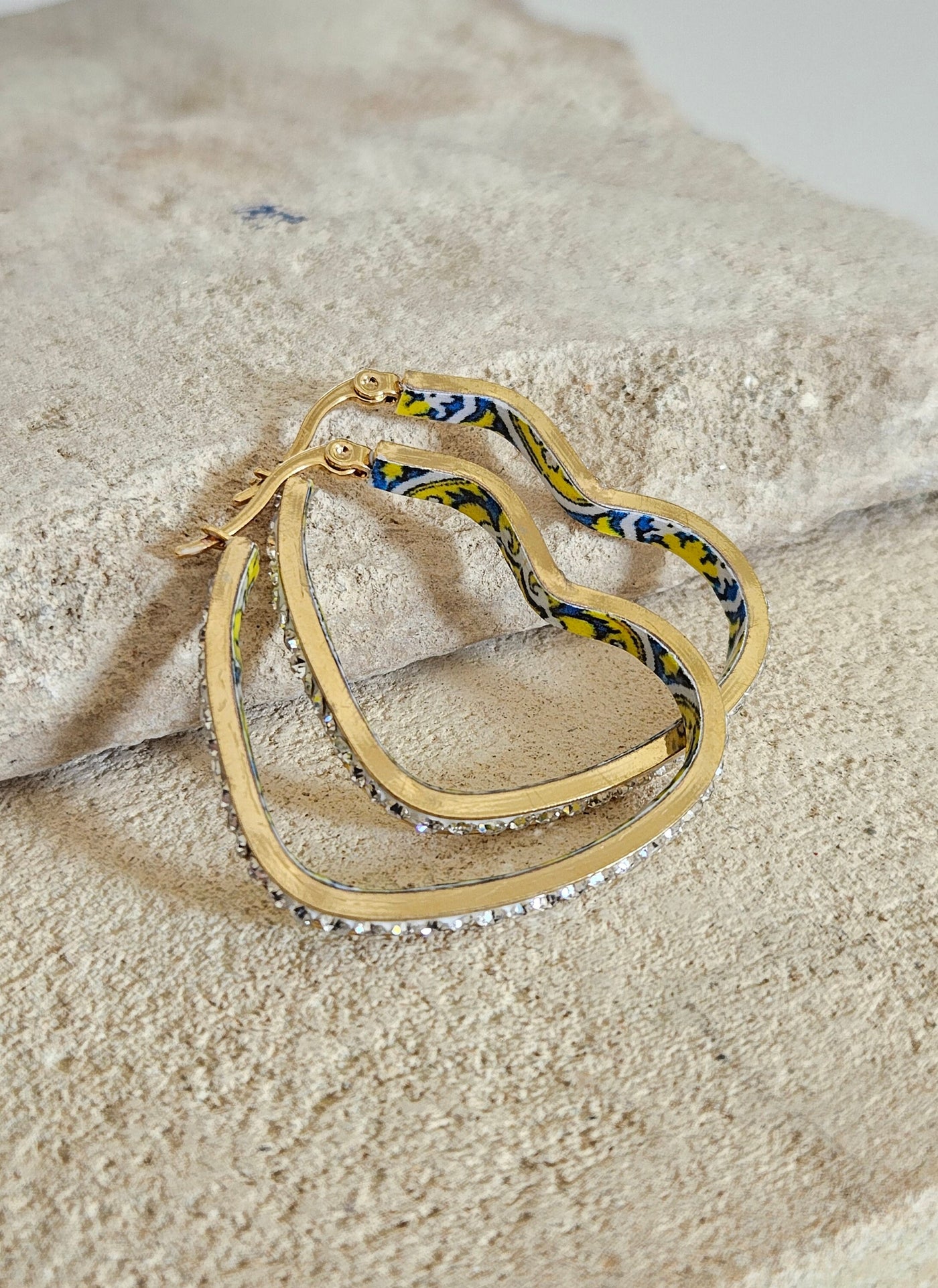 CZ Pave Heart HOOP Tile Earring Yellow Blue Portugal Azulejo Earring Light Gold STEEL Historical Jewelry Vacation Travel Gift Tile Souvenir